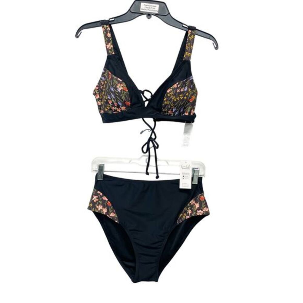 Cupshe Women's Black Floral Bikini Bralette & Standard Bottoms Set Size Medium - Picture 3 of 9